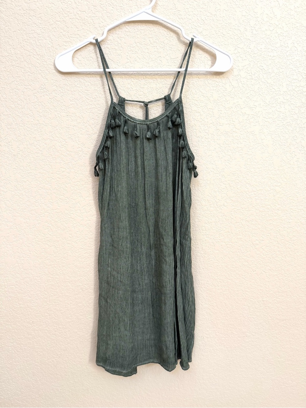 Francesca's Olive Green Tassel-Trim Mini Dress